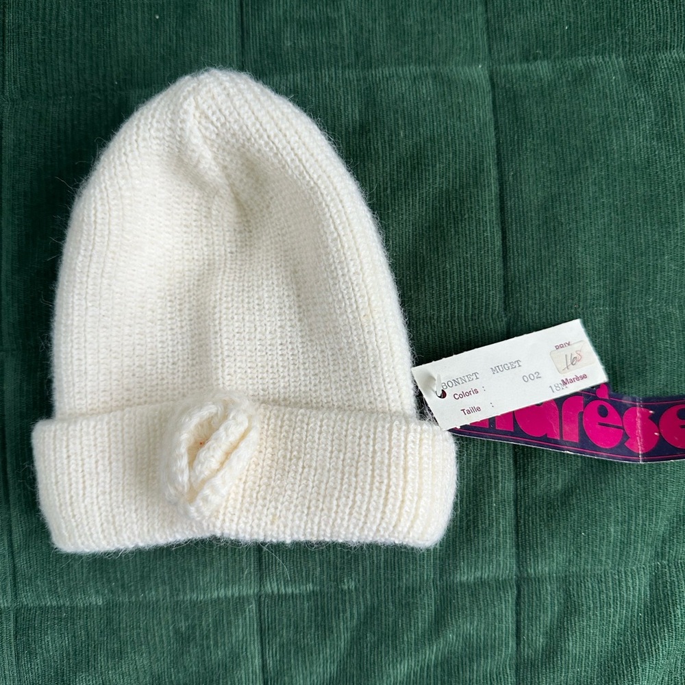 Marèse White Knit Wool Blend Hat with Flower — Made in France, Size 18M